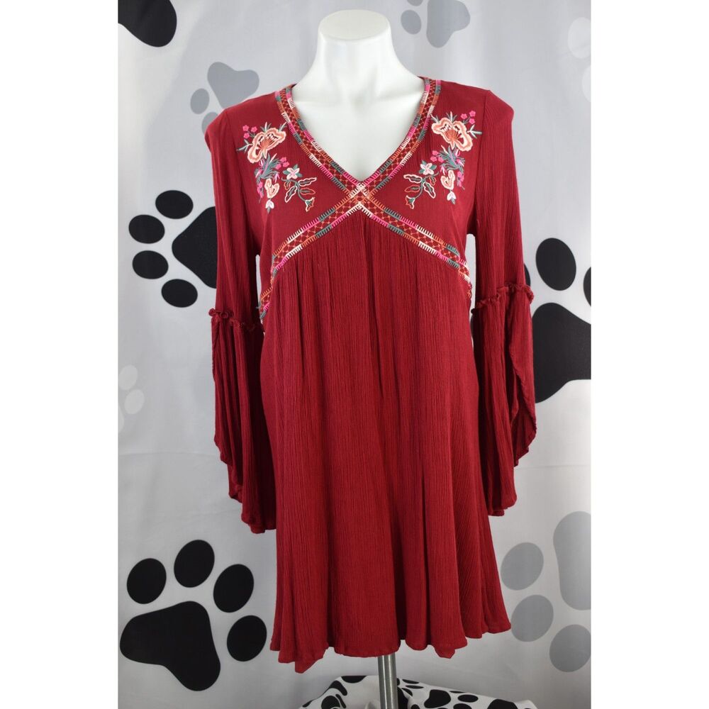 Altar'd State 3/4 Sleeve Embroidered V Neck Boho Flute Sleeve Dress Burgundy Sm